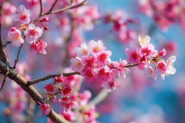Fototapeta premium Pink cherry blossoms on a tree branch