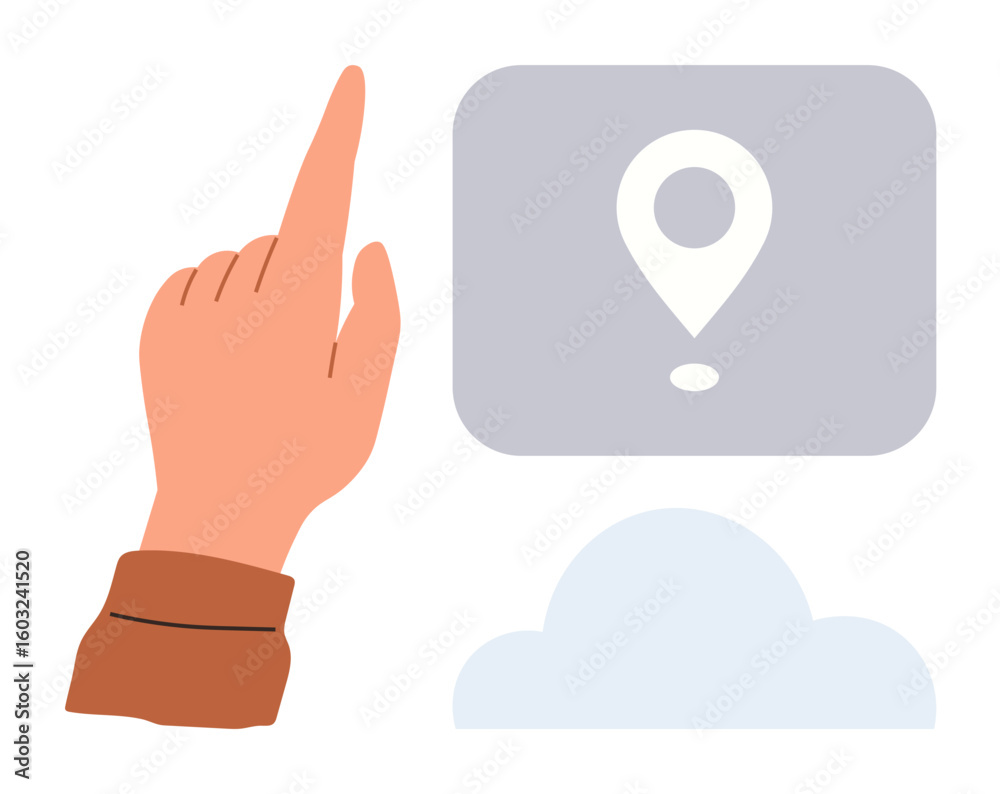 Poster hand reaching up towards location pin marker inside a digital interface. ideal for navigation, direc