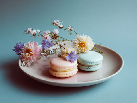 Minimalist dessert plate with macarons and flowers - Powered by Adobe
