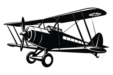 Dramatic Silhouette of Vintage Biplane Featuring Propeller and Distinctive Wing Design Artwork