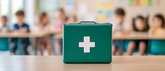 A green first aid kit sits on a desk with children in the background. The kit has a white cross on the front. School safety, health, care.