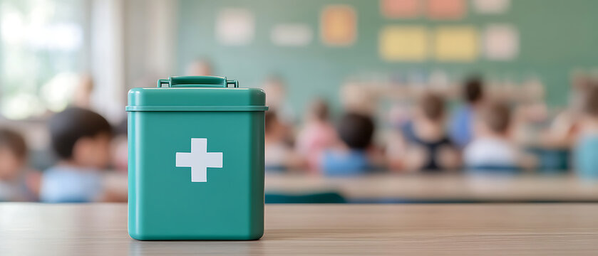 Classroom First Aid: A green first aid box sits on a desk in a classroom, suggesting a safe and prepared learning environment for students.