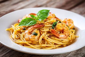 Shrimp and basil spaghetti served on a white plate atop a wooden table