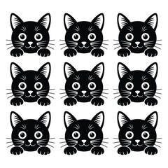 Nine cute black cat faces peeking out silhouette