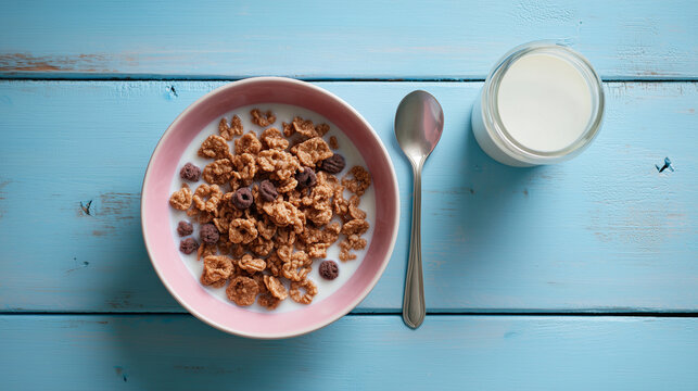 Cereal and milk on a bright breakfast table