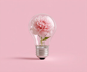 Creative Arrangement of Pink Flower in a Transparent Light Bulb on Pastel Background