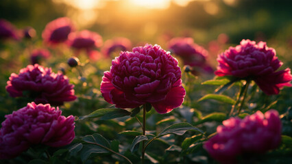 Obraz premium Blooming pink peonies and lavender flowers in a dreamy summer field at sunrise. Soft pastel tones and warm morning light create a peaceful, romantic atmosphere