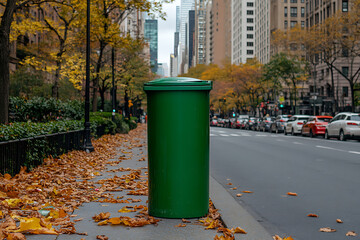 Urban autumn scene: A green trash can stands amidst fallen leaves on a city sidewalk, skyscrapers rising in the background. New York City street.