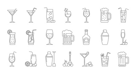 A collection of various alcoholic beverages in line art style, perfect for design.