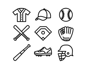 Baseball Line Icons Set Vector Sports Equipment and Gear Collection