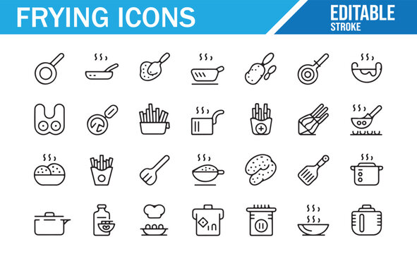 Editable kitchen icons including frying pans, deep fryers, and cooking utensils

