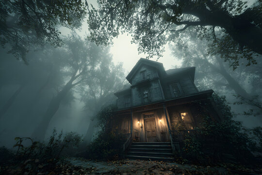 Haunted house in foggy forest; spooky, eerie scene; possible use for Halloween, horror, or mystery themes