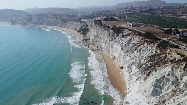 Drone Flight Over Scala dei Turchi in South Sicily &ndash; Sunset Lighting on White Cliffs and Calm Sea