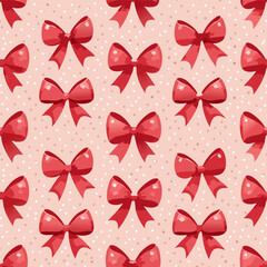 Bright red bows seamless pattern with stars on light background. Great for gift wrapping, party decor, textile design, packaging and feminine branding