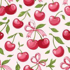 Cherries with pink bows seamless pattern on pastel background. Ideal for feminine design, summer packaging, fabric, wrapping paper, and cute product branding.