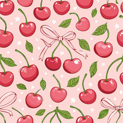 Cherries with pink bows seamless pattern on pastel background. Ideal for feminine design, summer packaging, fabric, wrapping paper, and cute product branding.