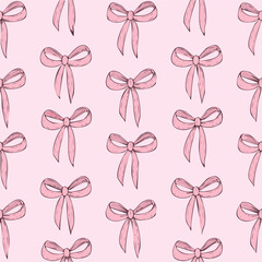 Seamless pattern with hand-drawn pink and white bows on soft pastel background. Perfect for kids' products, gift wrap, textile, and cute design themes