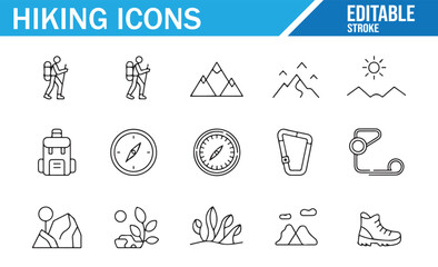 Set of hiking and trekking icons for outdoor adventure, nature trails, and exploration