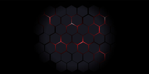 Dark gray and red horizontal hexagonal technology abstract vector background. red bright energy flashes under hexagon in futuristic modern technology wide banner.