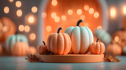 Halloween podium background pumpkin product platform scene display. Background orange autumn podium 3D render scary party spooky fall, happy halloween mockup abstract studio pedestal. Generative AI