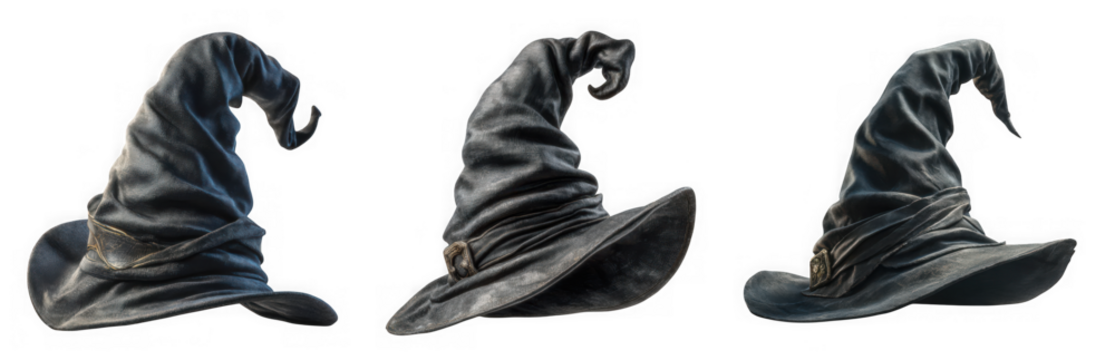 Three dark conical witch hats with pointed tops and wide brims displayed on a transparent background - Powered by Adobe