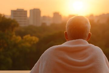 Senior man in towel gazes at sunlit city. A moment of contemplation and peace as he starts the day with a view of the urban landscape at sunrise.