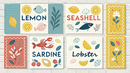 Naklejka premium Colorful flat lay of seafood-themed illustrations with fish, crab, lemons, and ocean elements. Playful and artistic design perfect for culinary, marine, or children's content.