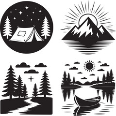 Mountain sunrise tent camping river canoe forest vector