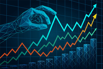 Naklejka premium AI Financial Analytics Concept Polygonal Graphs Controlled by Invisible Artificial Intelligence