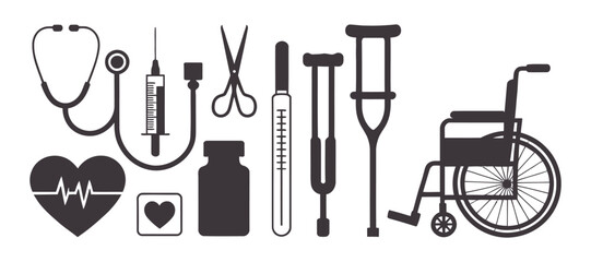 Medical Equipment Vector Illustration Featuring Stethoscope, Syringe, Scissors, Thermometer, Crutches, Wheelchair on a Transparent Backdrop