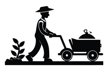 Silhouette of a Gardener Pushing a Wheelbarrow Past a Plant in Black and White