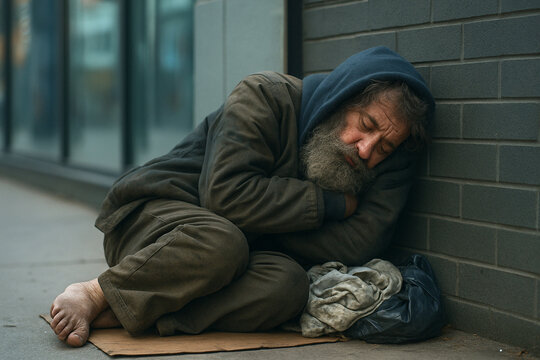 un hombre indigente durmiendo en la calle. Est&aacute; descalzo, con una gran barba descuidada, y viste ropa sucia y desgastada.