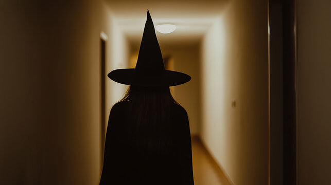 Silhouette of a figure in a witch's hat walking down a dimly lit corridor. Halloween or costume party concept. Mysterious, spooky atmosphere.