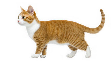 A cute ginger and white tabby cat standing in profile looking alertly to the left with its tail curled upwards isolated on transparent background