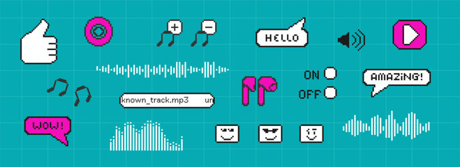 Set of pixel music stickers with emoji, Y2K and 8bit podcast elements. Includes speech bubbles, notes, microphone, headphone for social media and gaming.