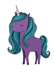 Purple Unicorn Illustration with Teal Hair and a Whimsical Cartoon Style