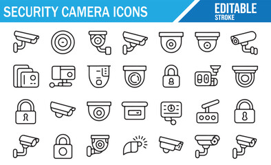 Editable vector icons for security cameras, alarms, and surveillance systems