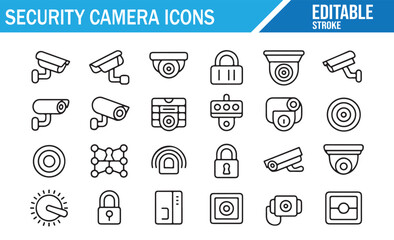 Set of icons illustrating security cameras, surveillance, and video monitoring systems

