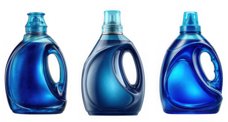 Three blue plastic bottles of liquid laundry detergent or fabric softener isolated on a transparent background