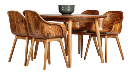 Modern wooden dining table and four chairs set with a decorative bowl perfect for contemporary homes isolated on transparent background