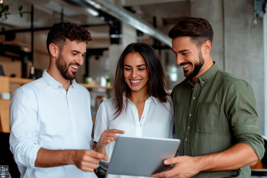 a work group standing in an office, using a tablet, chatting and smiling. Work team