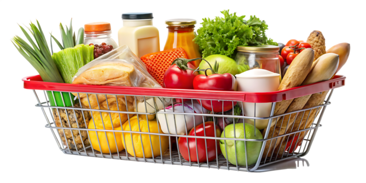 shopping basket with packaged goods isolated on white background PNG ,AI GENERATED
