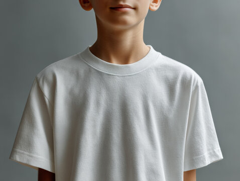 A 11-15 year old boy in a neutral white T-shirt, a mockup, and a background for your design. A stylish minimalist portrait with natural colors and soft lighting