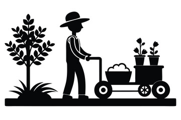 Silhouette Illustration Gardener Pushing Cart with Flowers and Soil Near Tree Silhouette