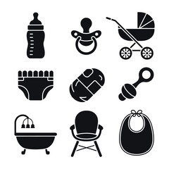 Baby Care Essentials Vector Set A Comprehensive Collection of Infant Needs Including Bottle, Pacifier, Stroller, Diaper, and More for New Parents