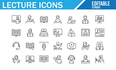 Set of online education icons showing lectures, study groups, and virtual classrooms