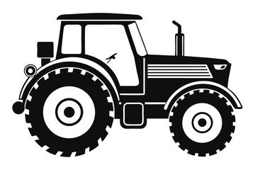 Black and White Tractor Illustration Detailed Side View of Farming Vehicle with Large Tires