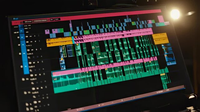 Video editing software interface with timeline and waveforms on a computer screen