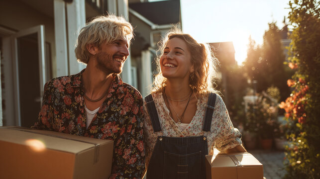 Queer couple smiling while carrying moving boxes together.