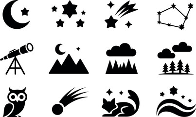 Celestial Night Sky Icons:  Simple, Bold, Black Glyphs, Starry Mood